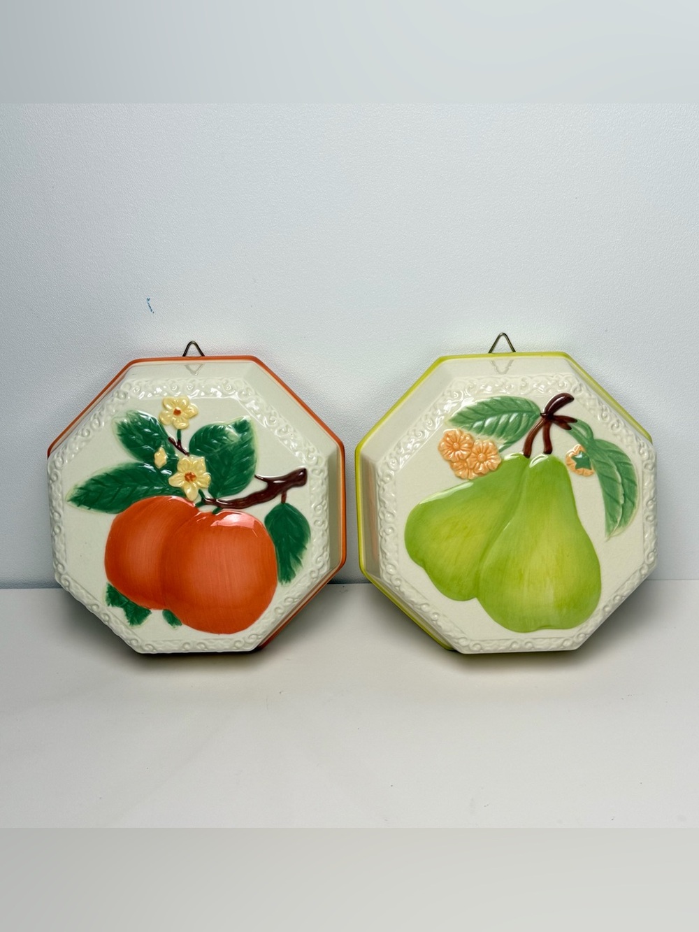 Vintage Ceramic Octagon Decorative Wall Hanging  Fruit Pattern Glossy set of 2
